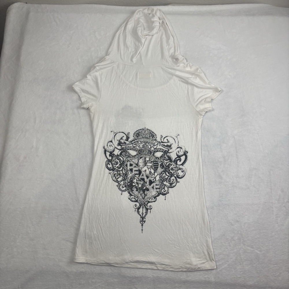 Cello Outfitters White Cap Sleeve Hoodie Shirt Peace Bedazzled Women's‎ L Crest